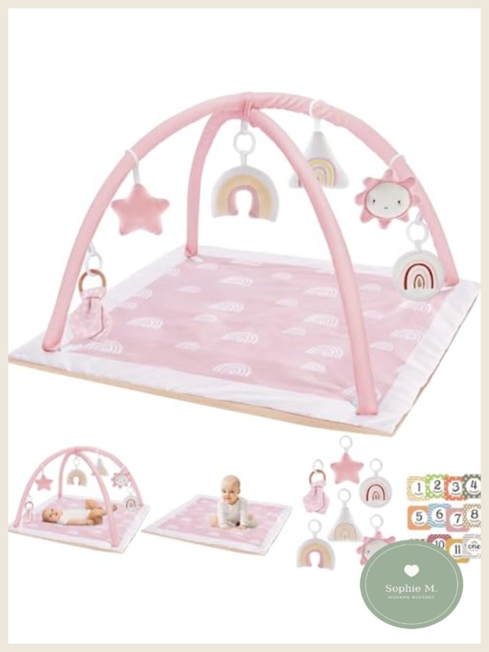 Washable Tummy Time Mat Baby Play Gym 6 Toys Non Slip Padded